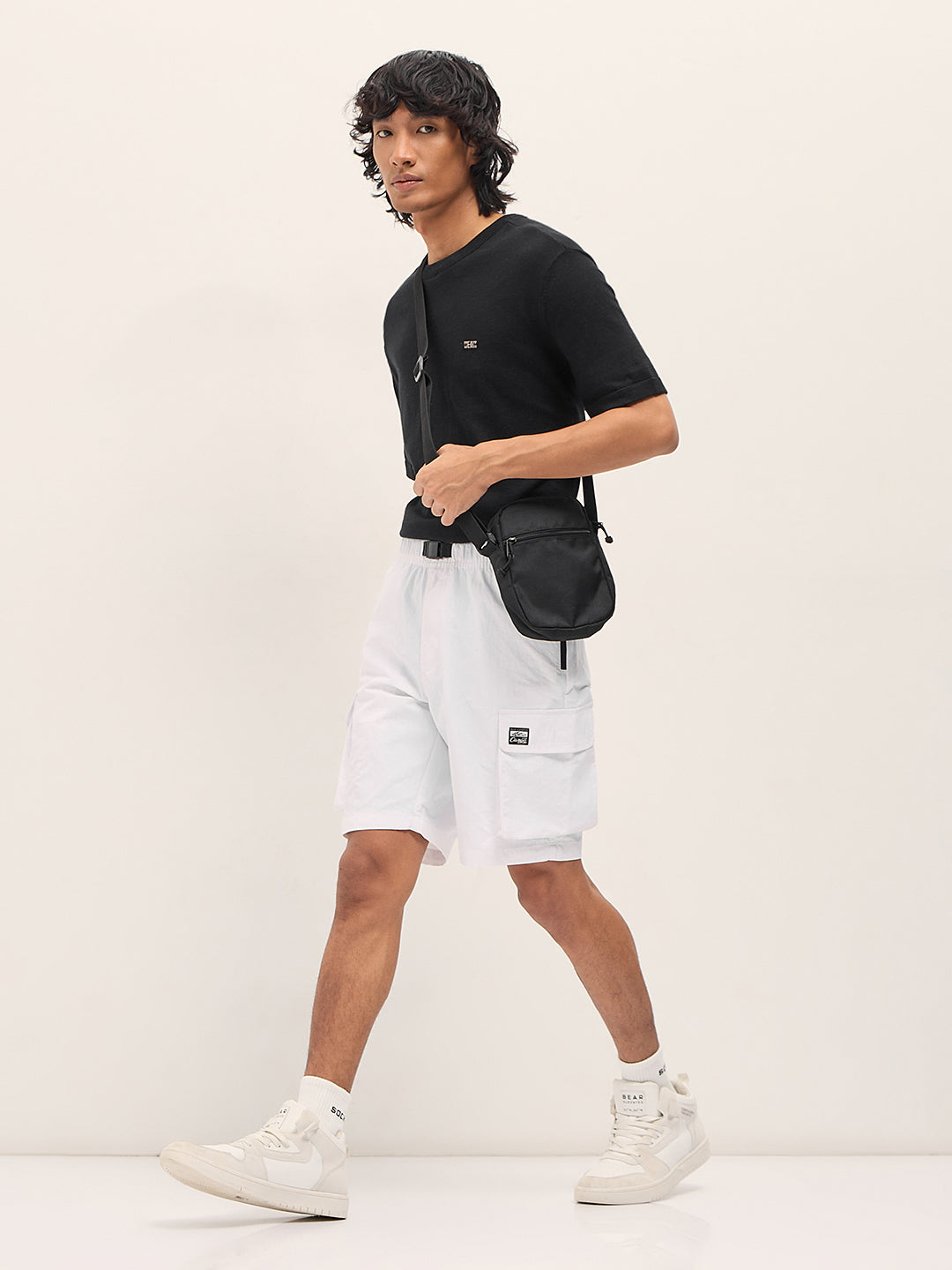 Men White Solid Nylon Cargo Shorts