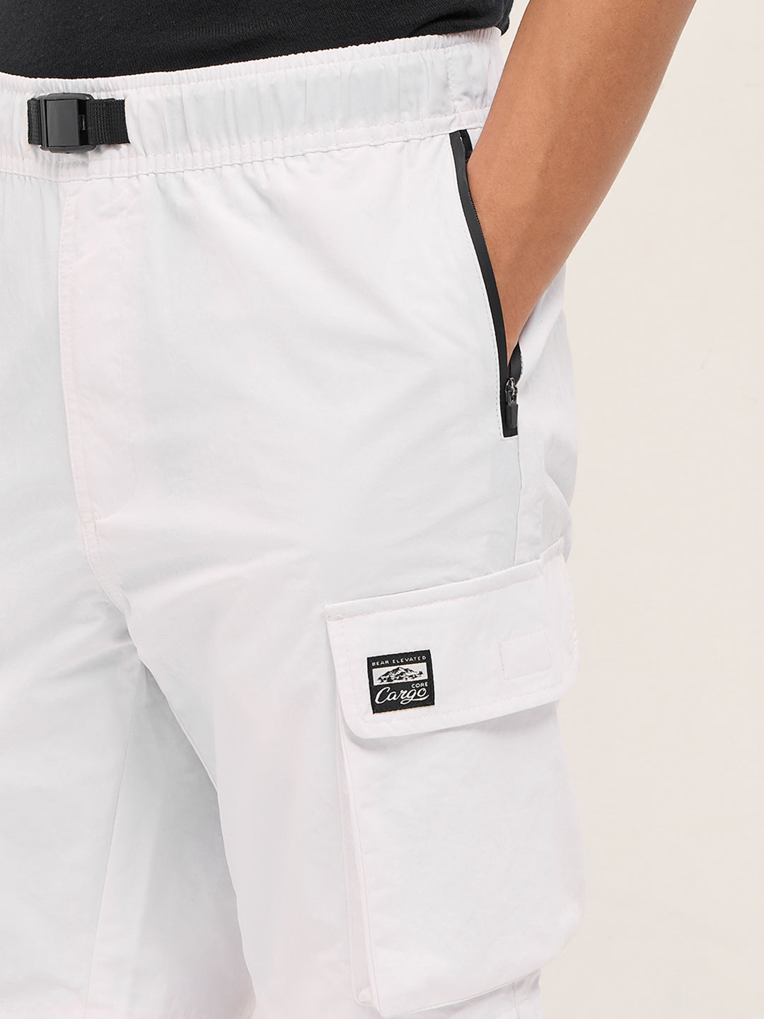 Men White Solid Nylon Cargo Shorts