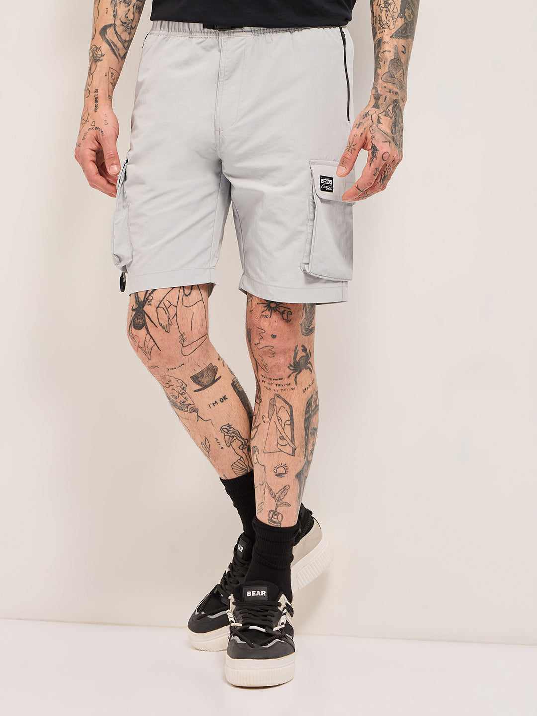 Men Grey Solid Nylon Cargo Shorts
