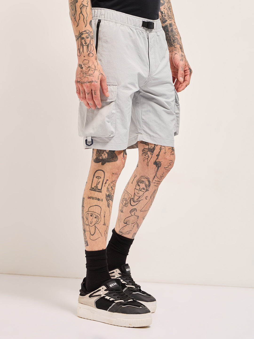 Men Grey Solid Nylon Cargo Shorts