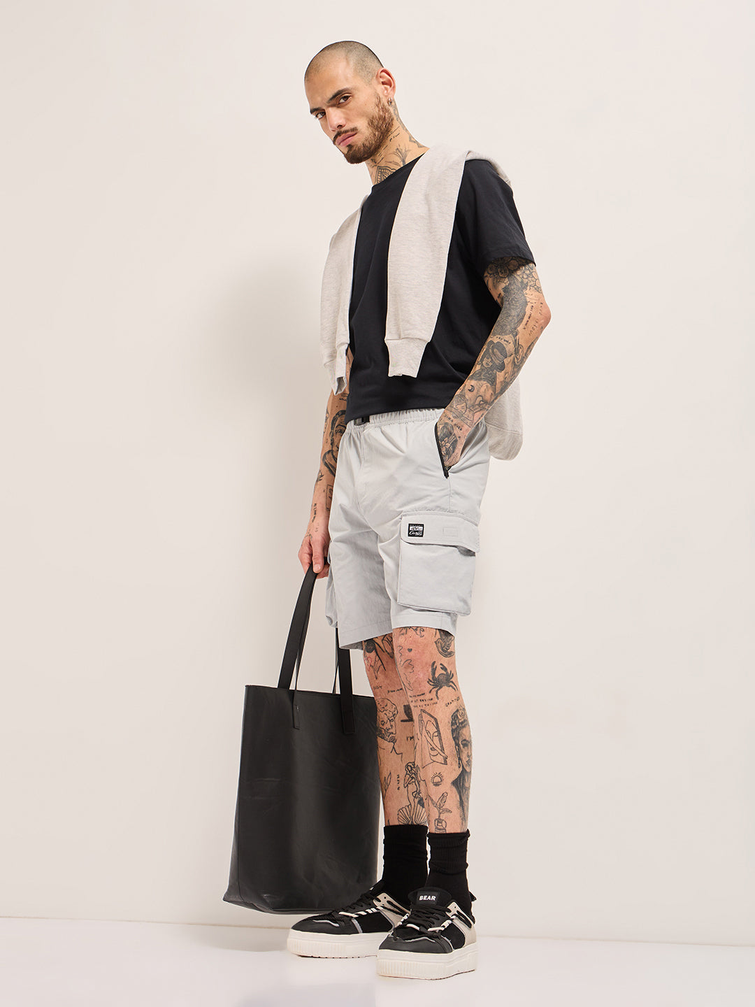 Men Grey Solid Nylon Cargo Shorts