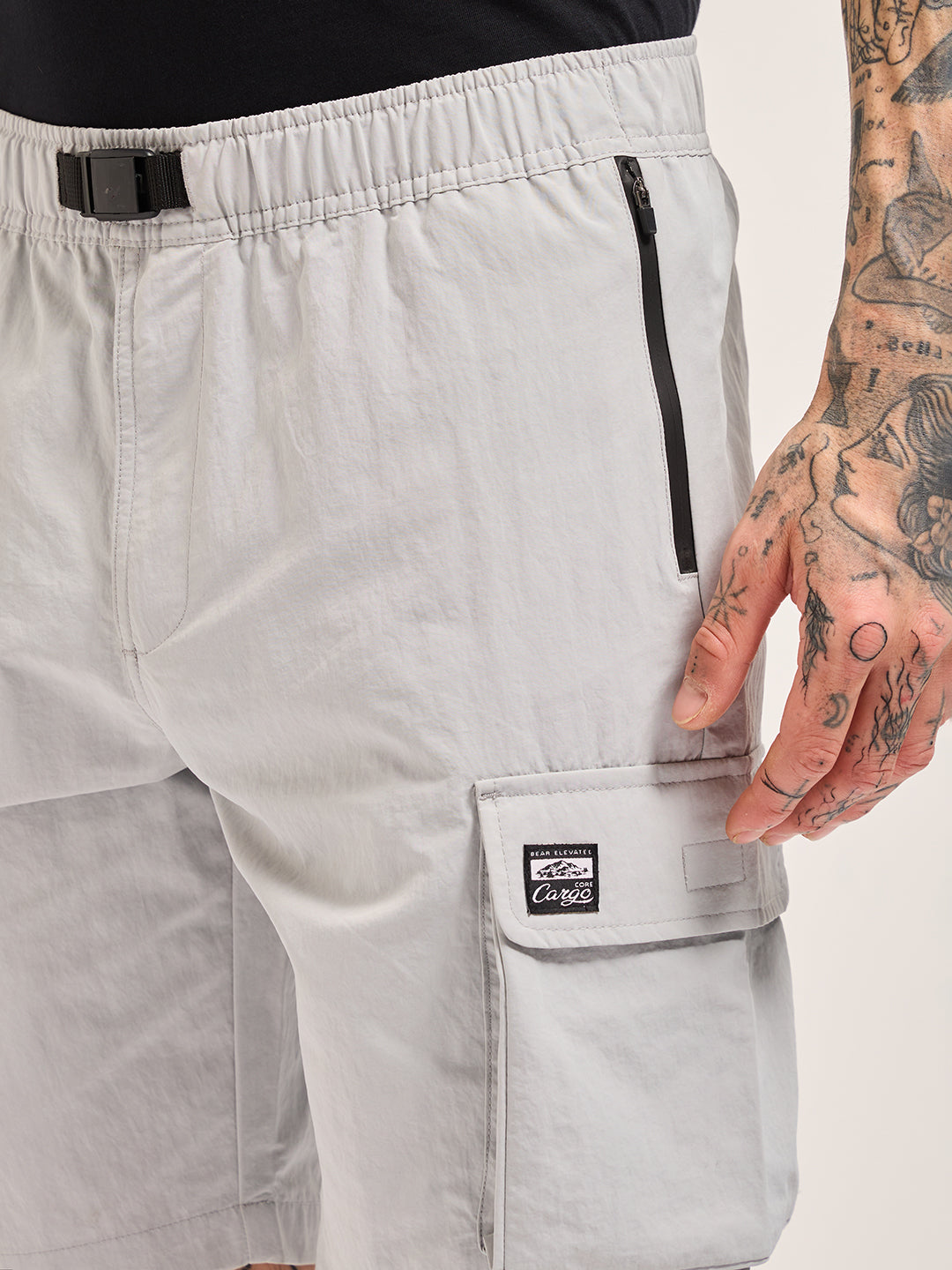 Men Grey Solid Nylon Cargo Shorts