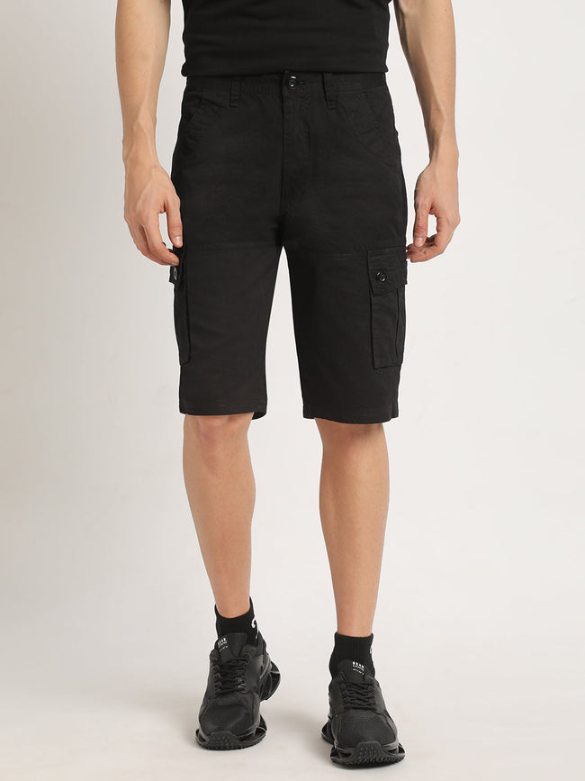 Men DONITE - Black Solid Regular Fit Cotton Cargo Shorts