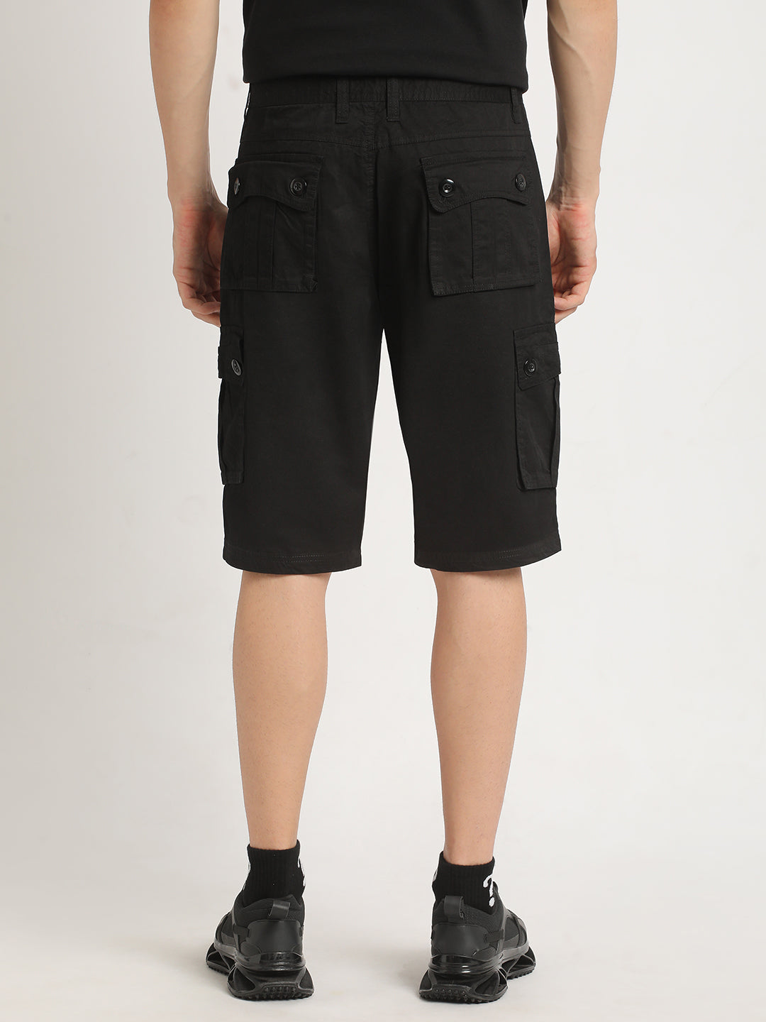 Men DONITE - Black Solid Regular Fit Cotton Cargo Shorts
