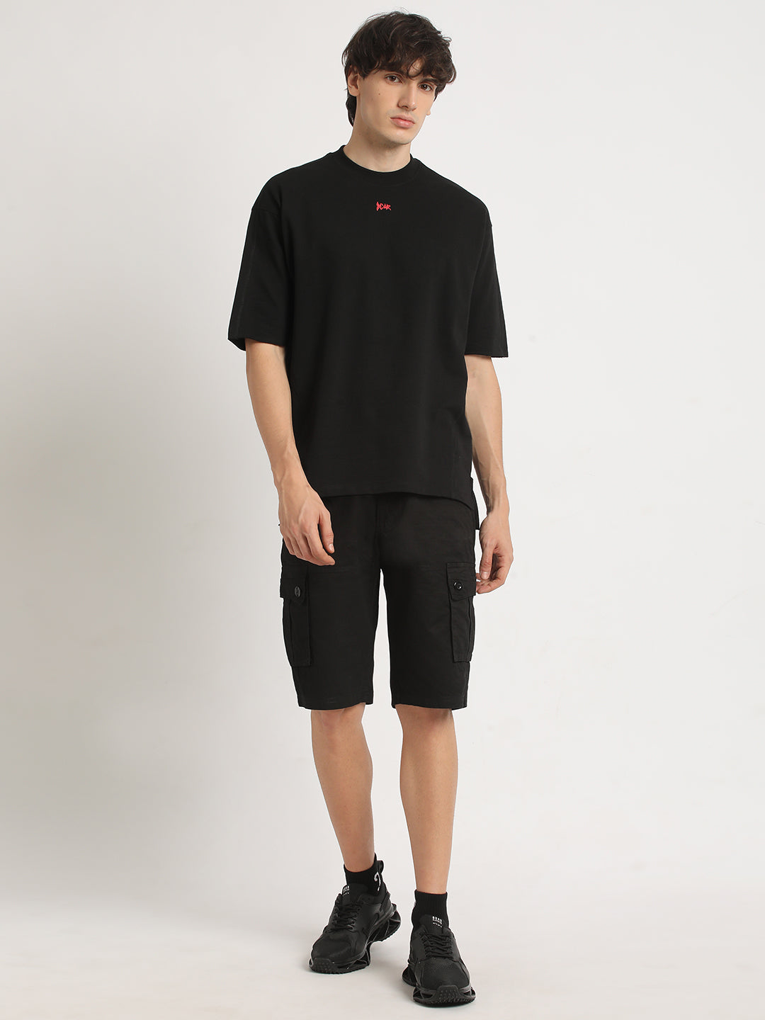 Men DONITE - Black Solid Regular Fit Cotton Cargo Shorts