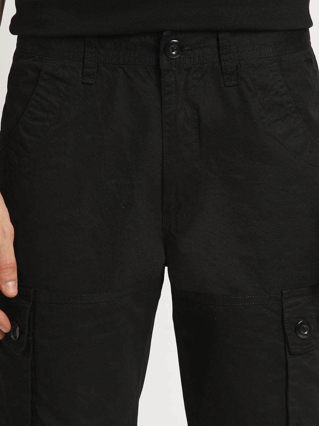 Men DONITE - Black Solid Regular Fit Cotton Cargo Shorts