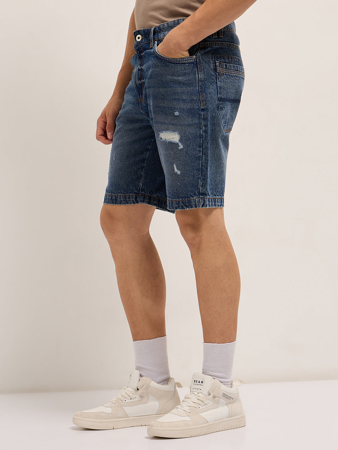 Men Mid Blue Relaxed Fit Denim Shorts
