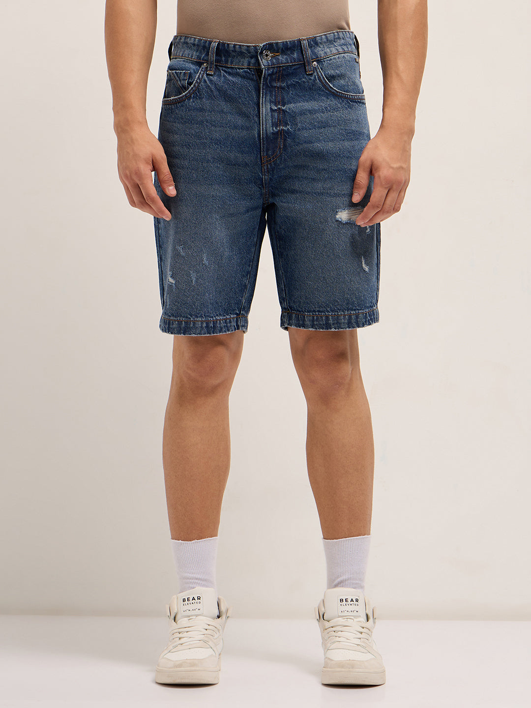 Men Mid Blue Relaxed Fit Denim Shorts