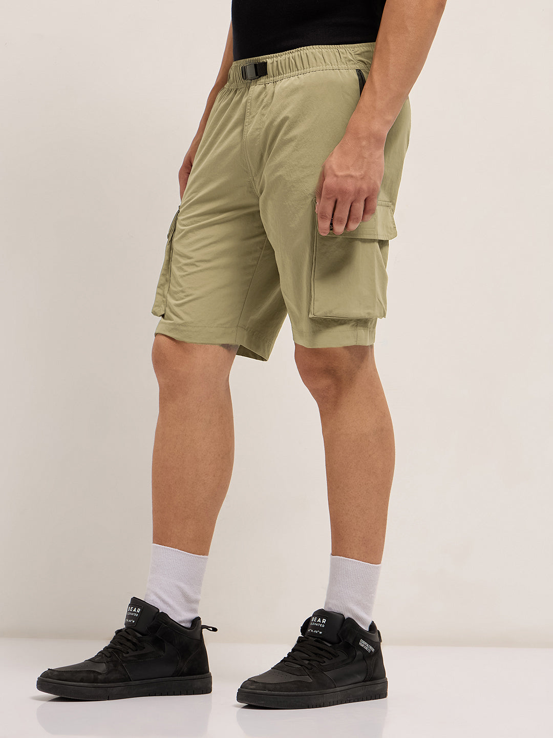 Men Beige Solid Nylon Cargo Shorts