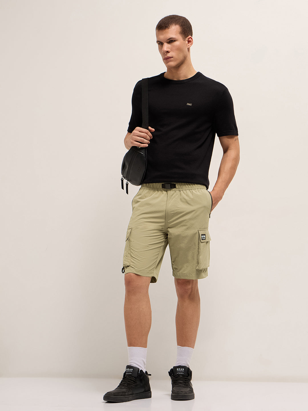 Men Beige Solid Nylon Cargo Shorts