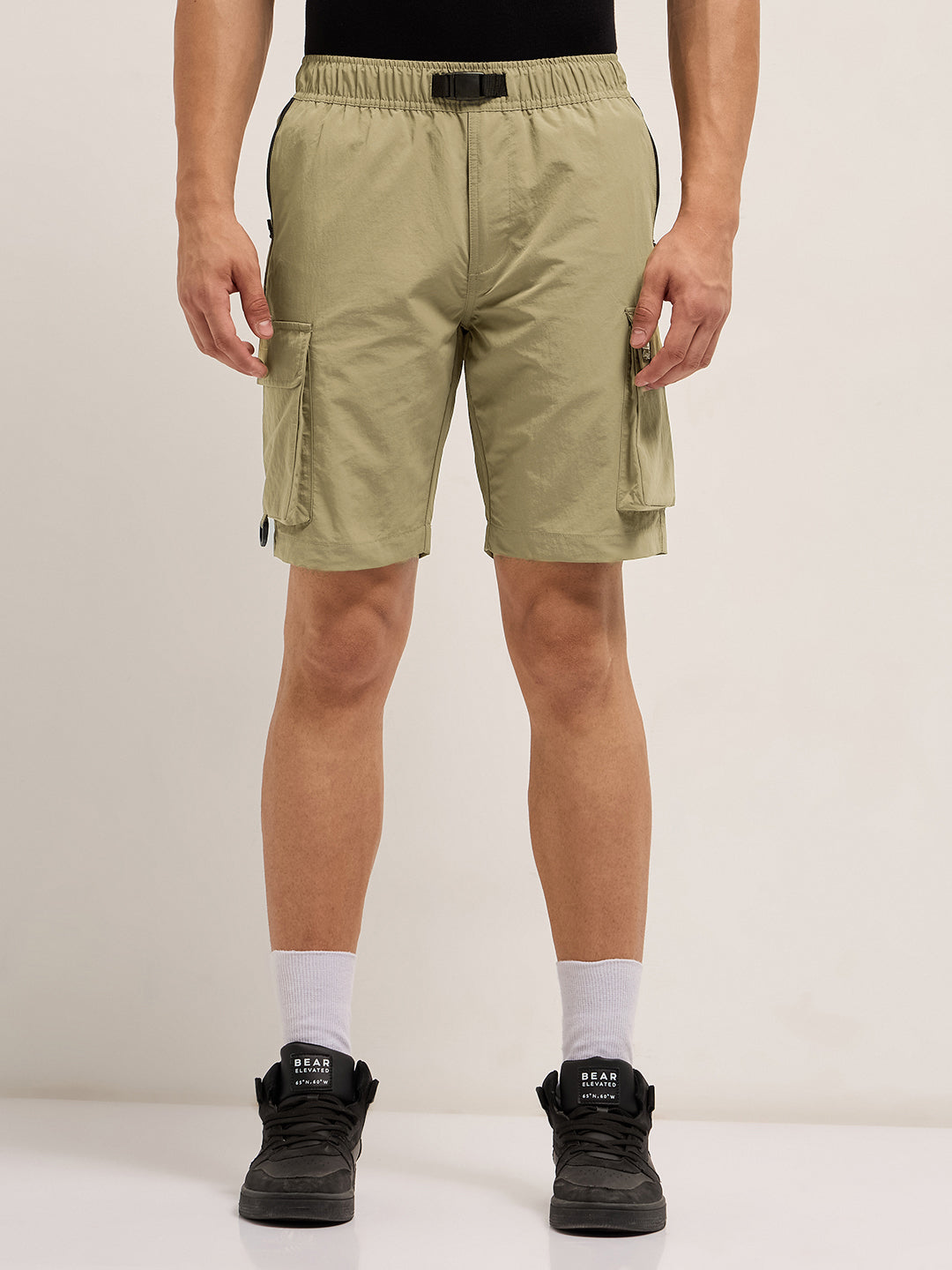 Men Beige Solid Nylon Cargo Shorts