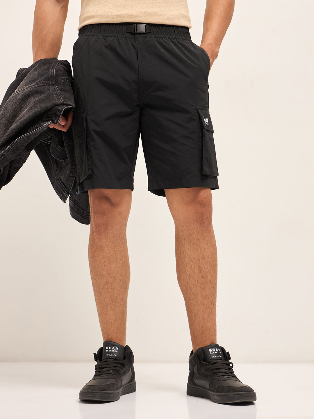 Men Black Solid Nylon Cargo Shorts