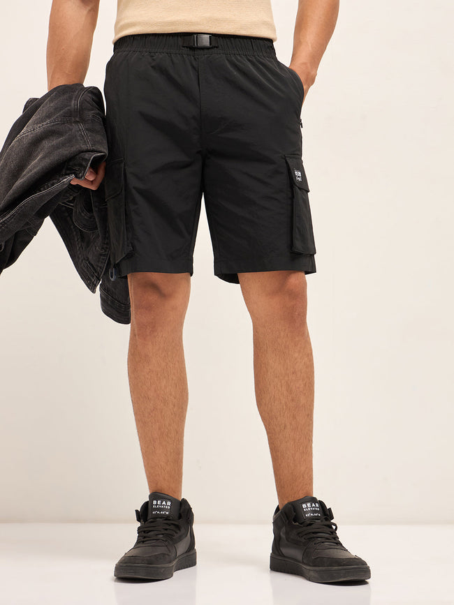 Men Black Solid Nylon Cargo Shorts