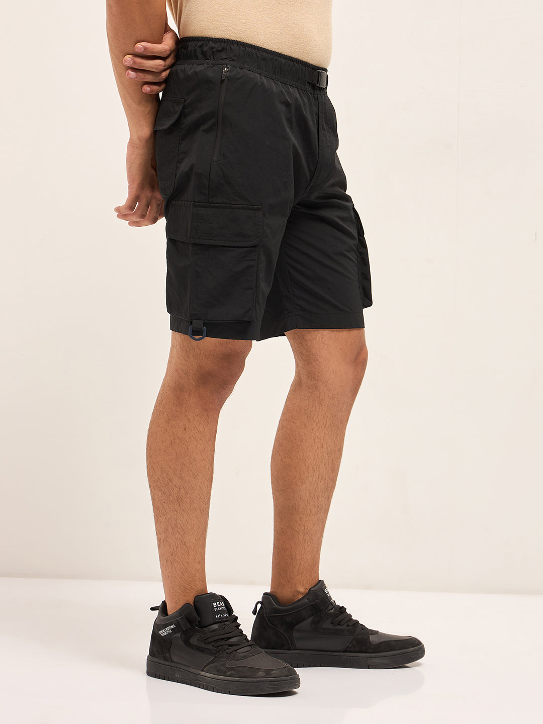 Men Black Solid Nylon Cargo Shorts