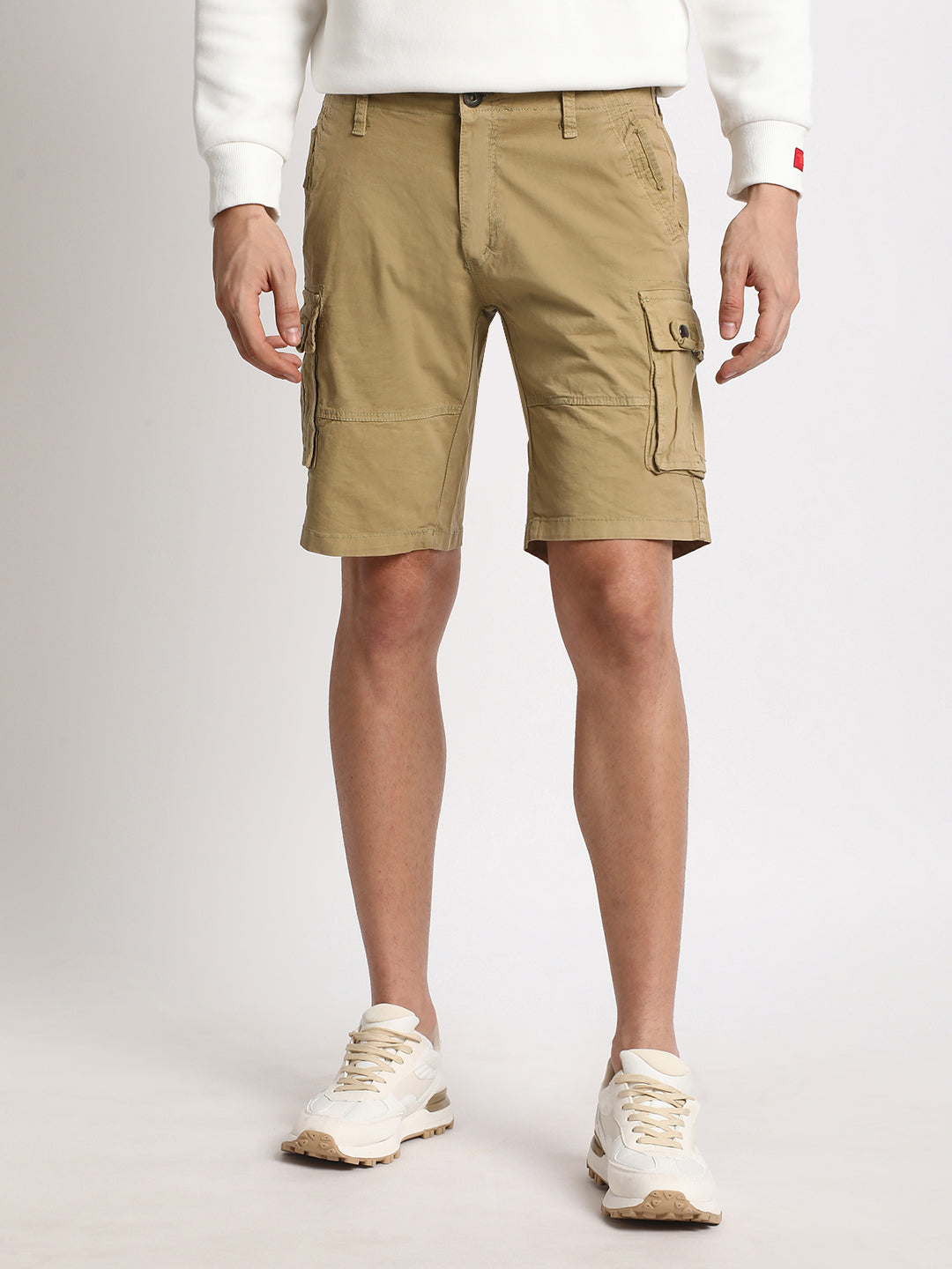 Men Beige Solid Regular Fit Cotton Cargo Shorts