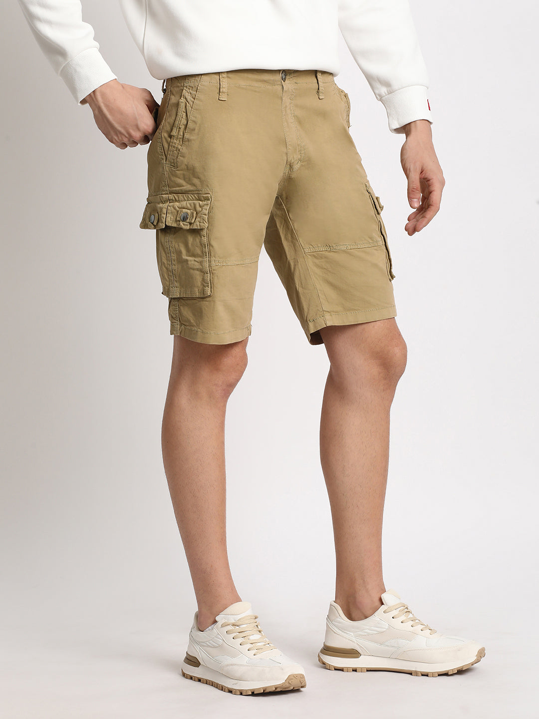 Men Beige Solid Regular Fit Cotton Cargo Shorts