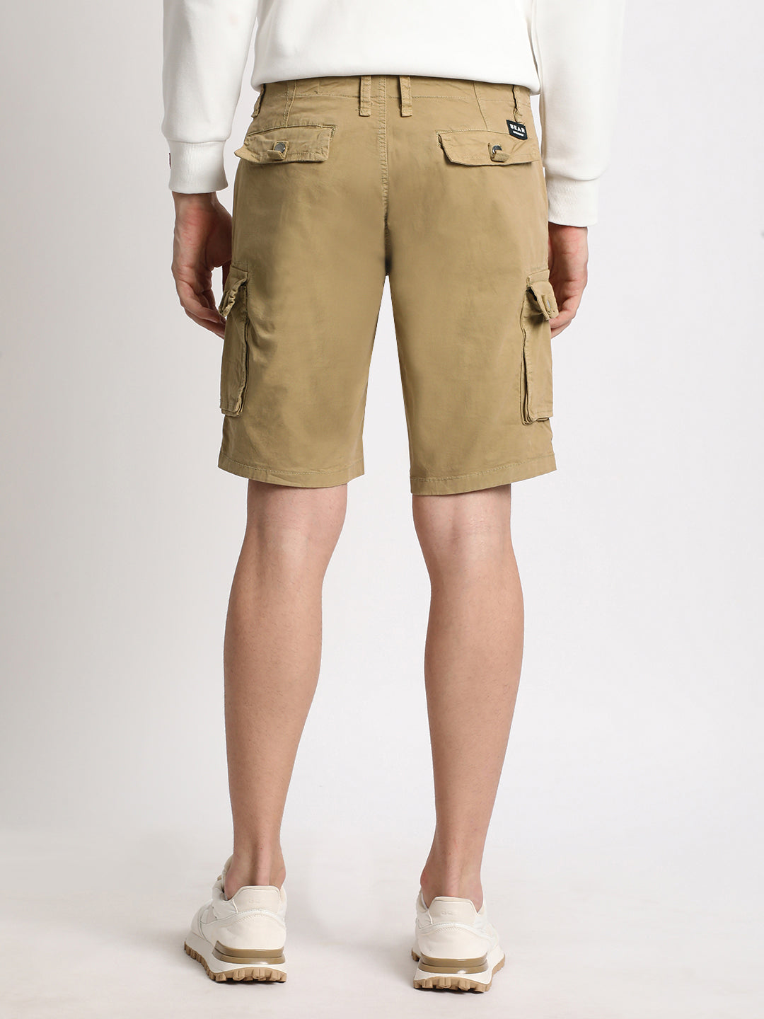Men Beige Solid Regular Fit Cotton Cargo Shorts