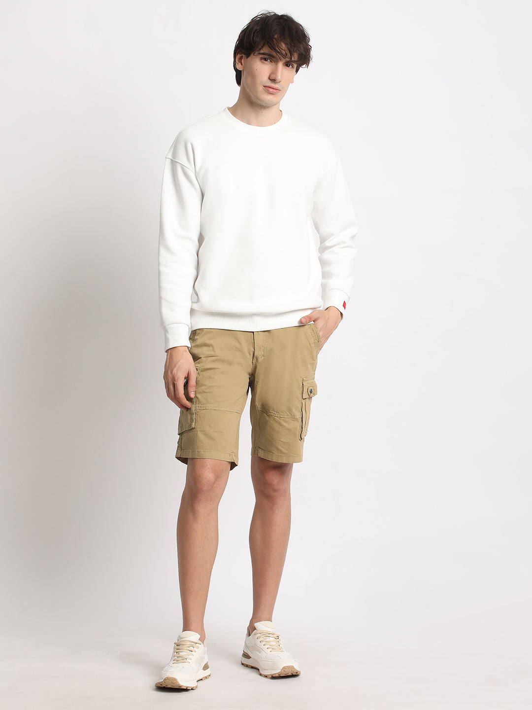 Men Beige Solid Regular Fit Cotton Cargo Shorts