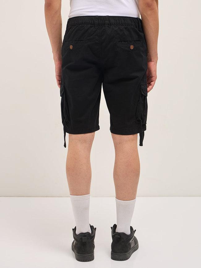 Men Black Solid Cotton Cargo Shorts