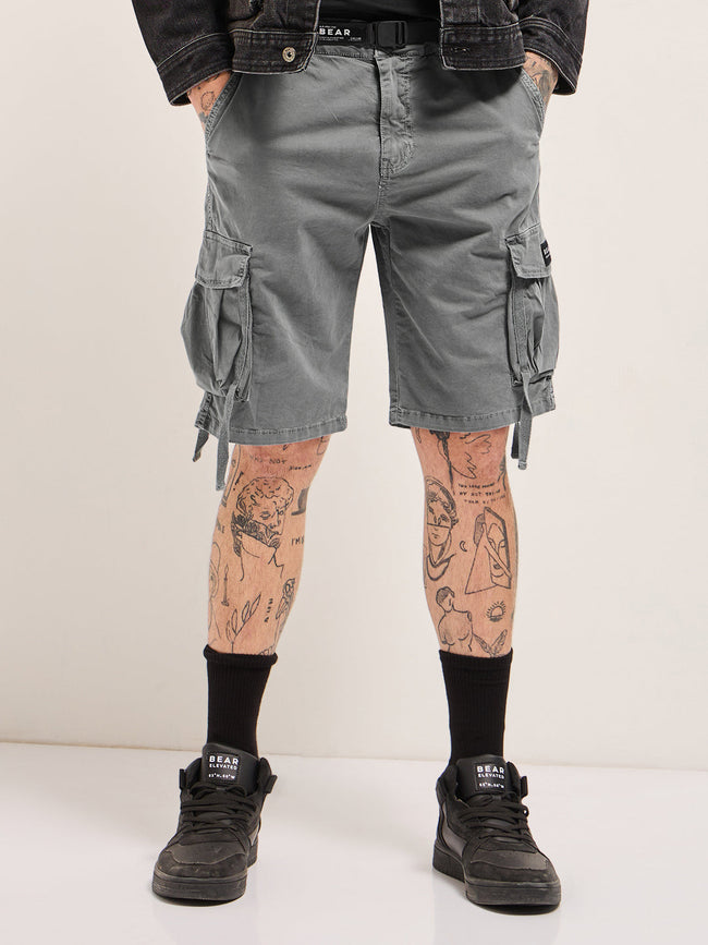 Men Grey Solid Cotton Cargo Shorts