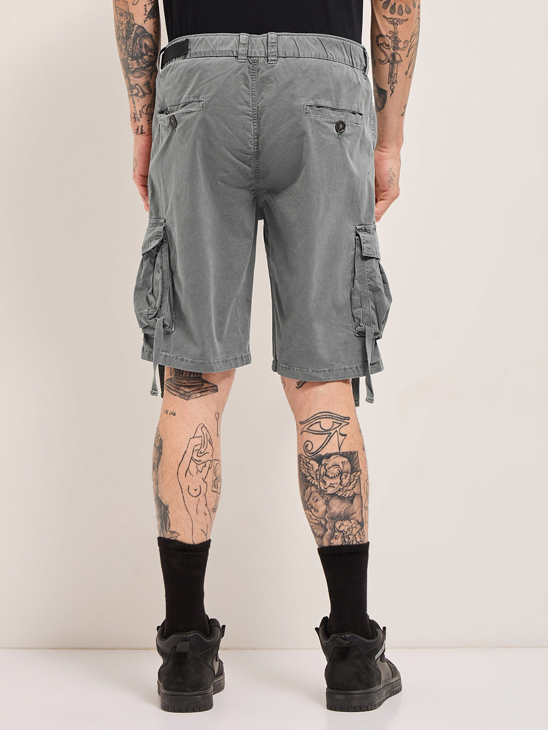 Men Grey Solid Cotton Cargo Shorts