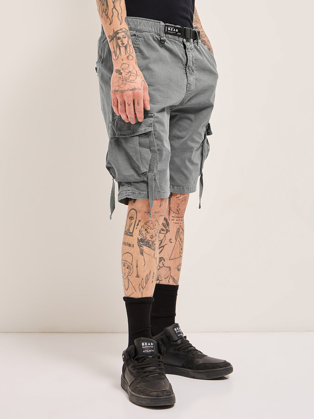 Men Grey Solid Cotton Cargo Shorts