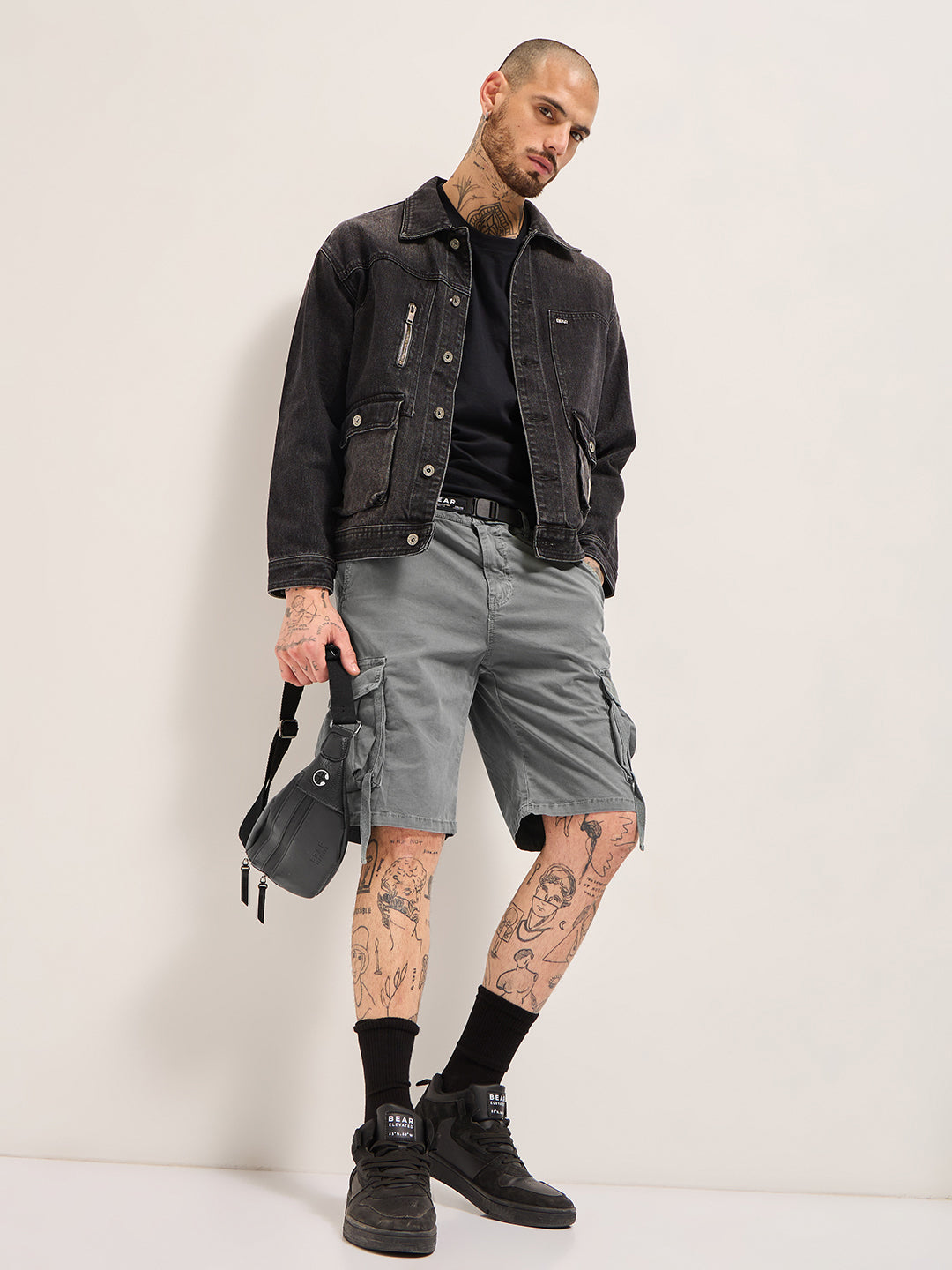 Men Grey Solid Cotton Cargo Shorts