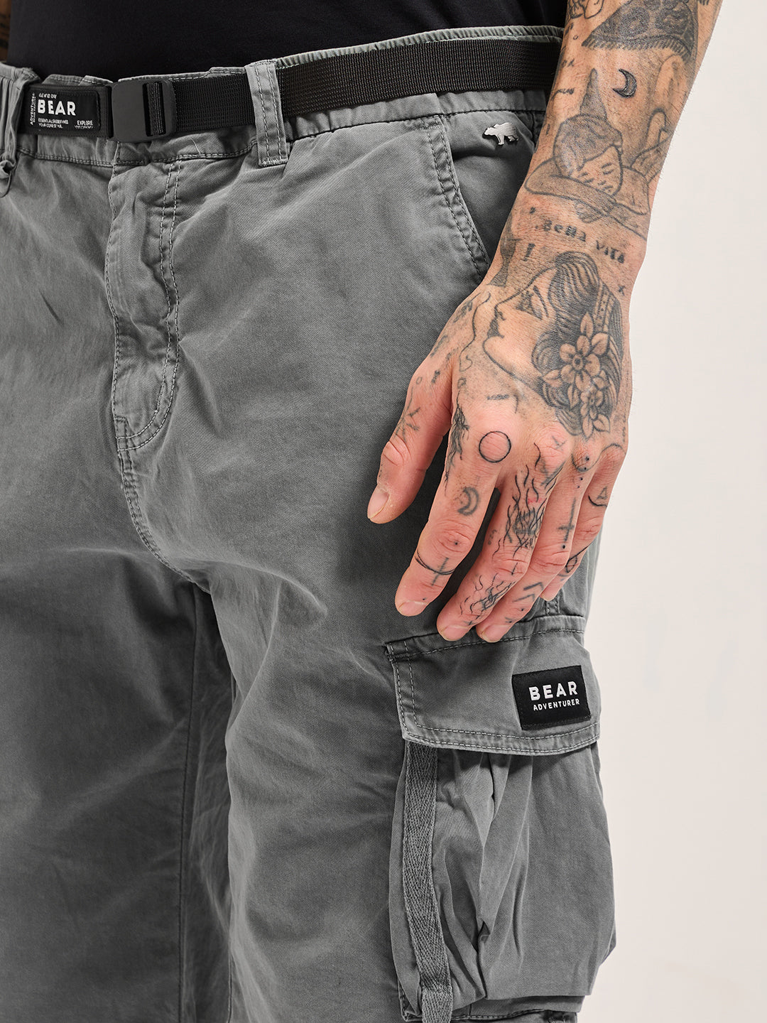Men Grey Solid Cotton Cargo Shorts