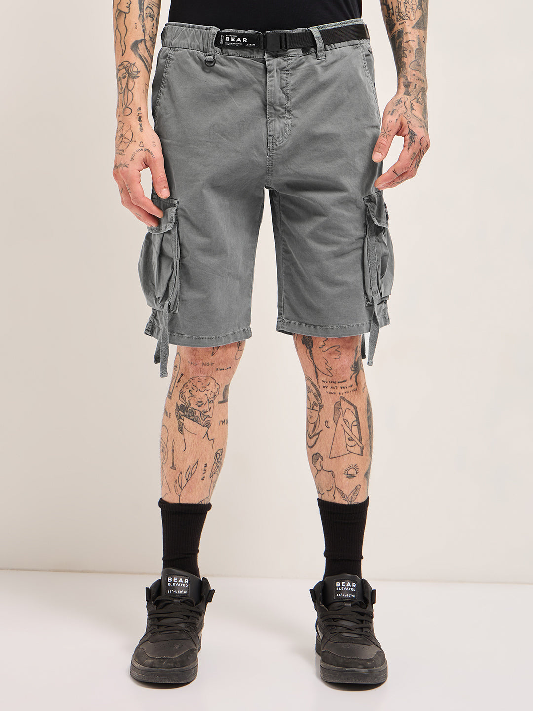 Men Grey Solid Cotton Cargo Shorts