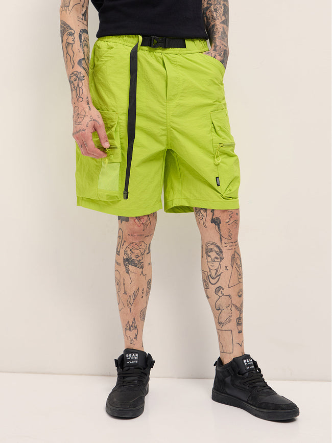 Men Green Solid Polyester Cargo Shorts