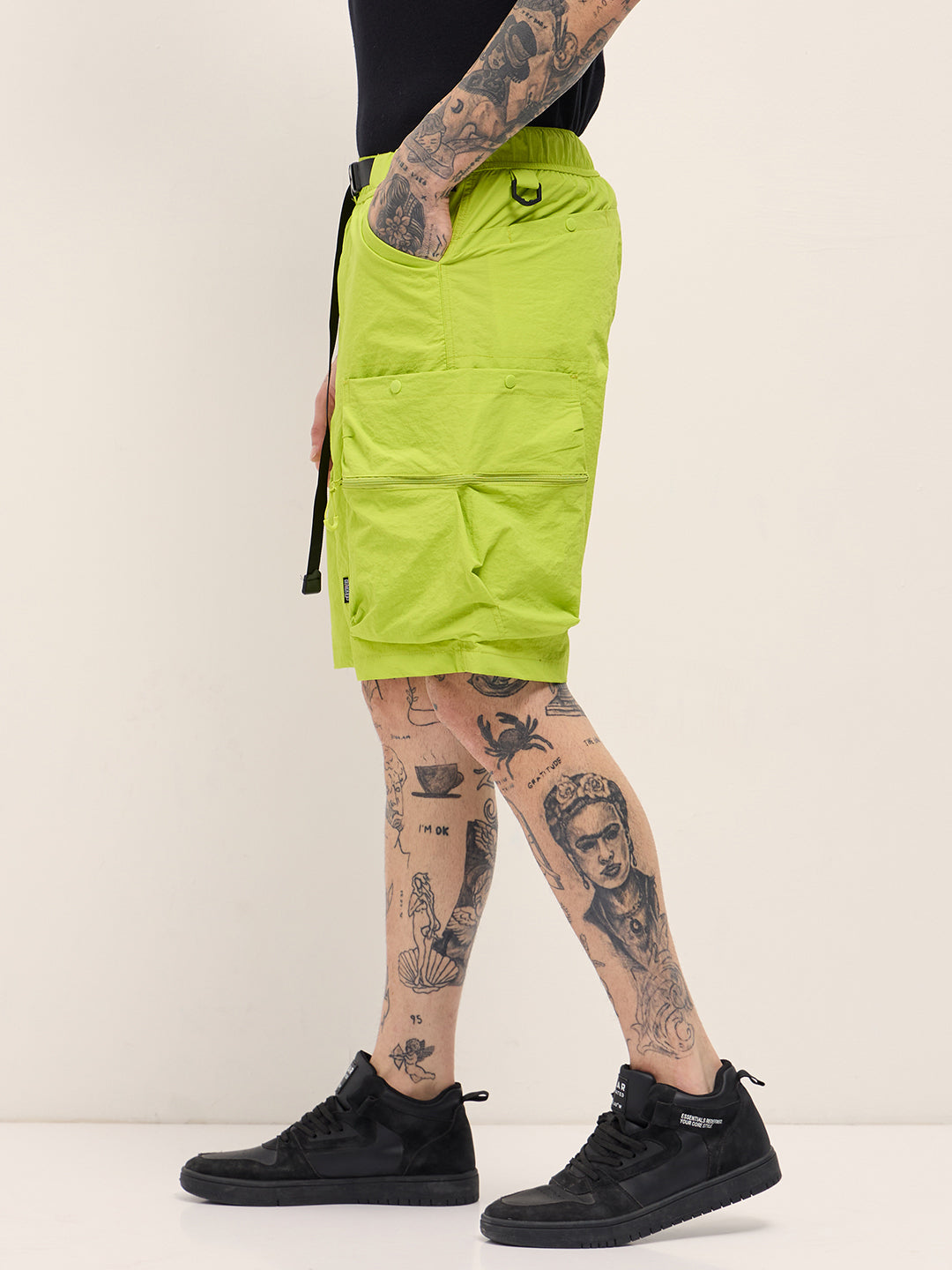Men Green Solid Polyester Cargo Shorts