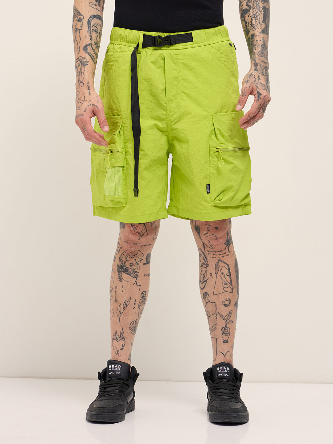 Men Green Solid Polyester Cargo Shorts
