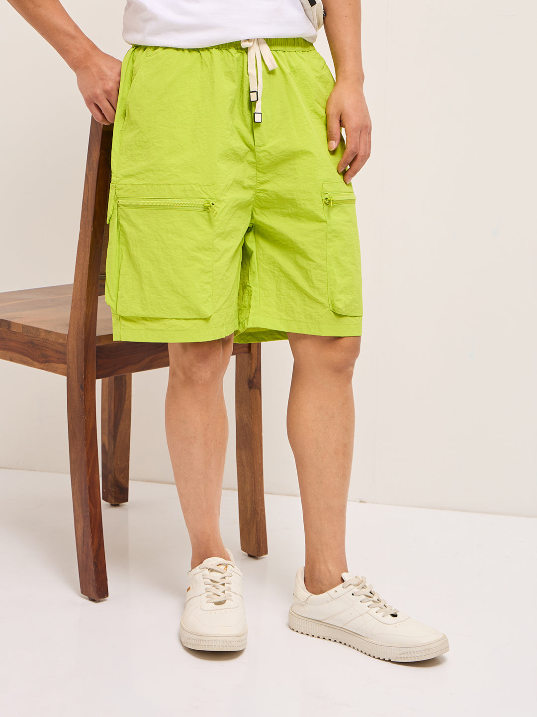 Men Lime Green Polyester Regular Fit Knee-Length Cargo Shorts