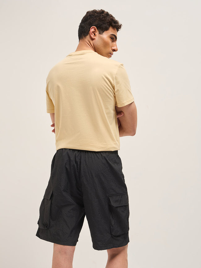 Men Black Polyester Regular Fit Knee-Length Cargo Shorts