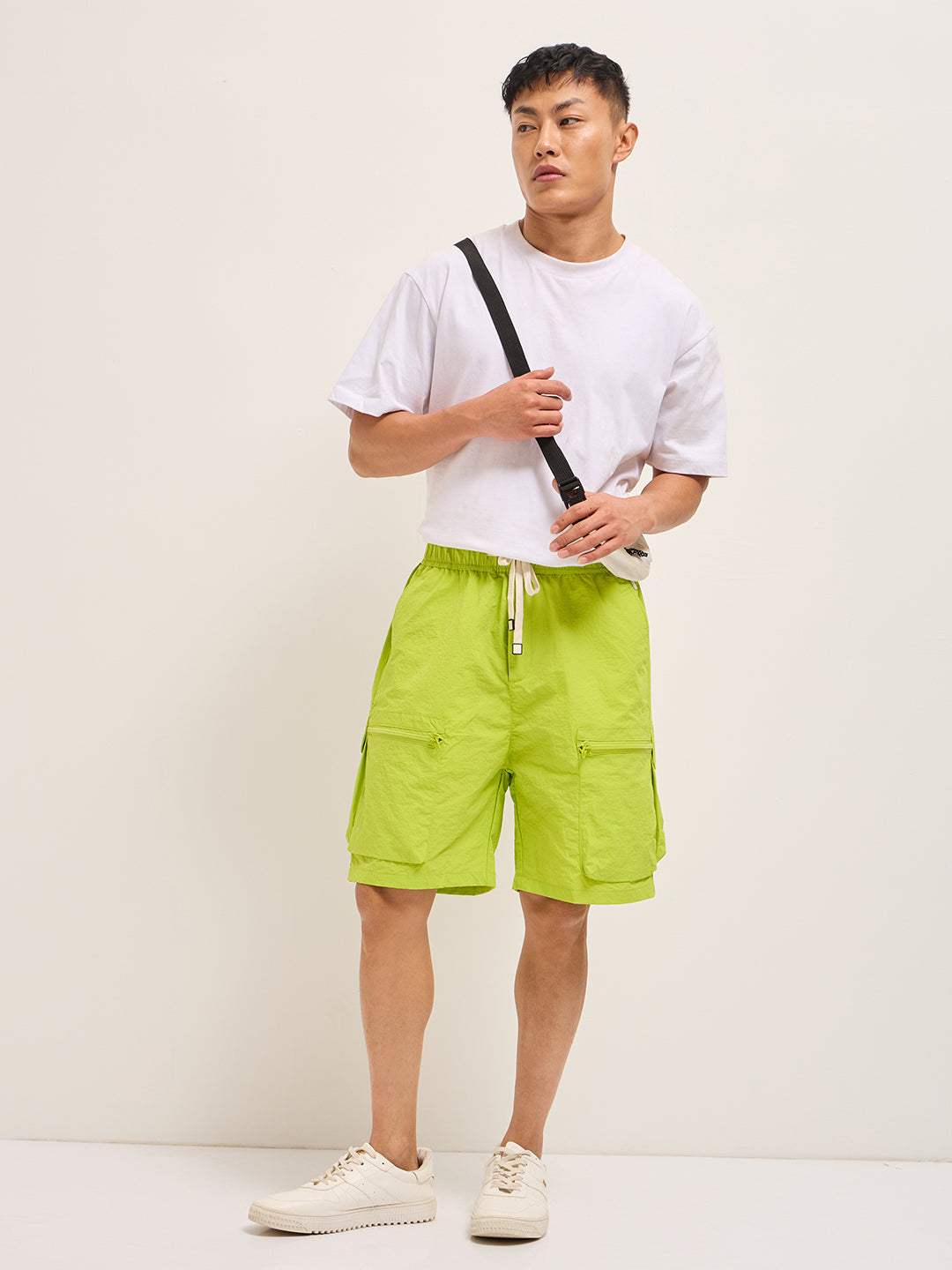 Men Lime Green Polyester Regular Fit Knee-Length Cargo Shorts