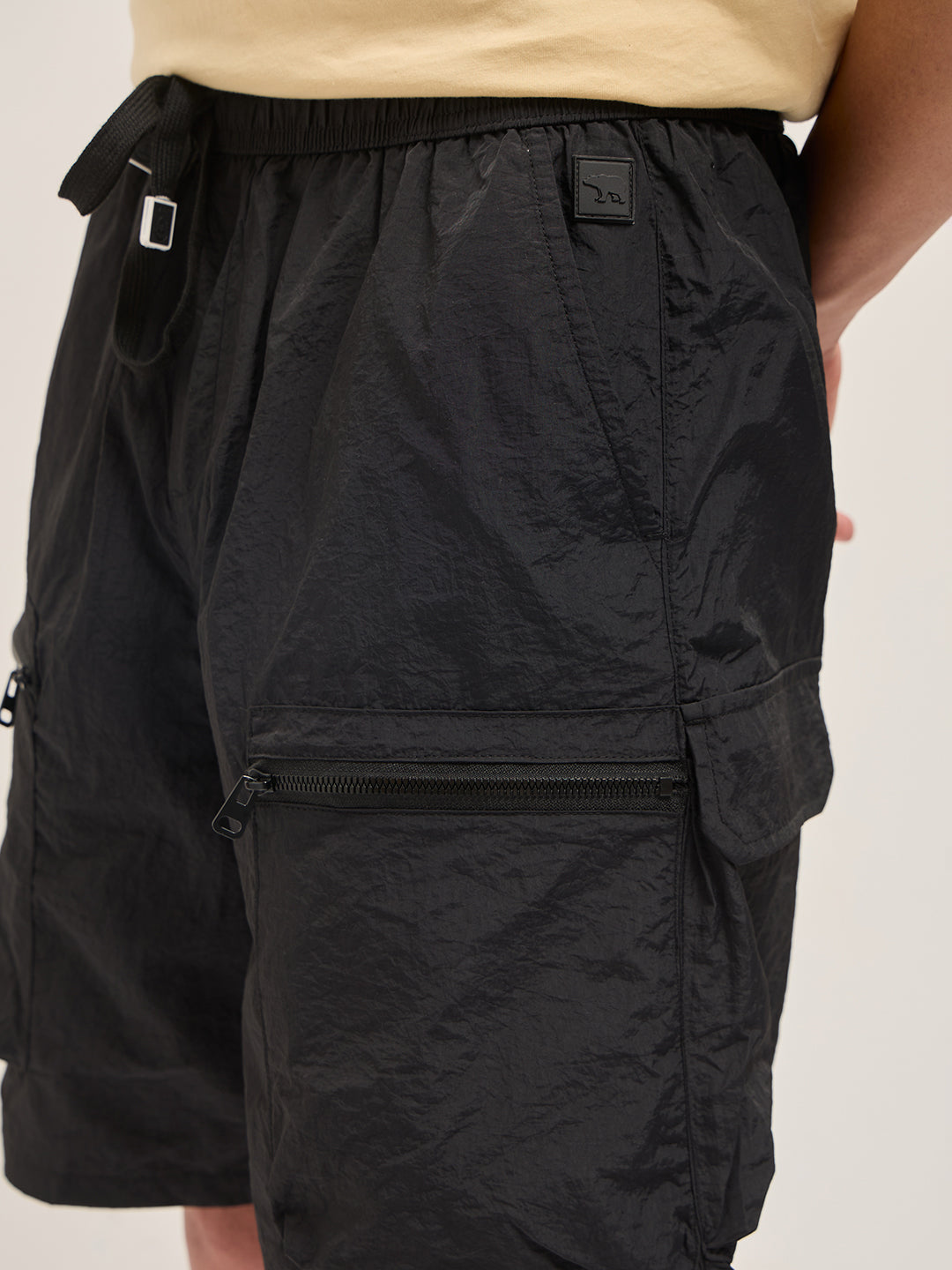 Men Black Polyester Regular Fit Knee-Length Cargo Shorts