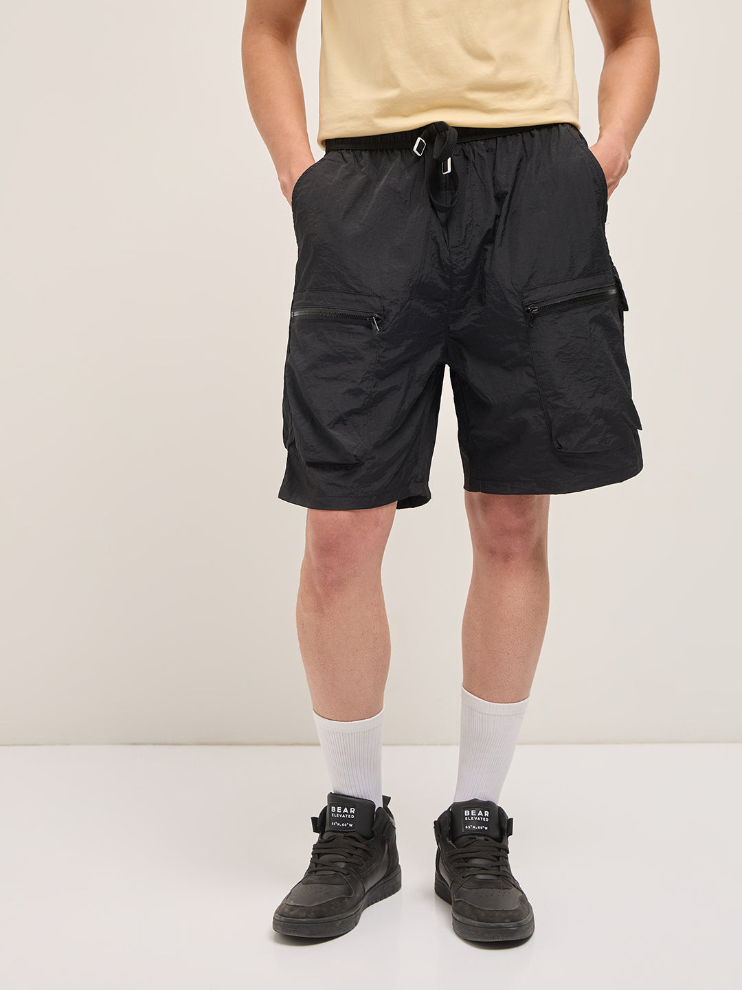 Men Black Polyester Regular Fit Knee-Length Cargo Shorts