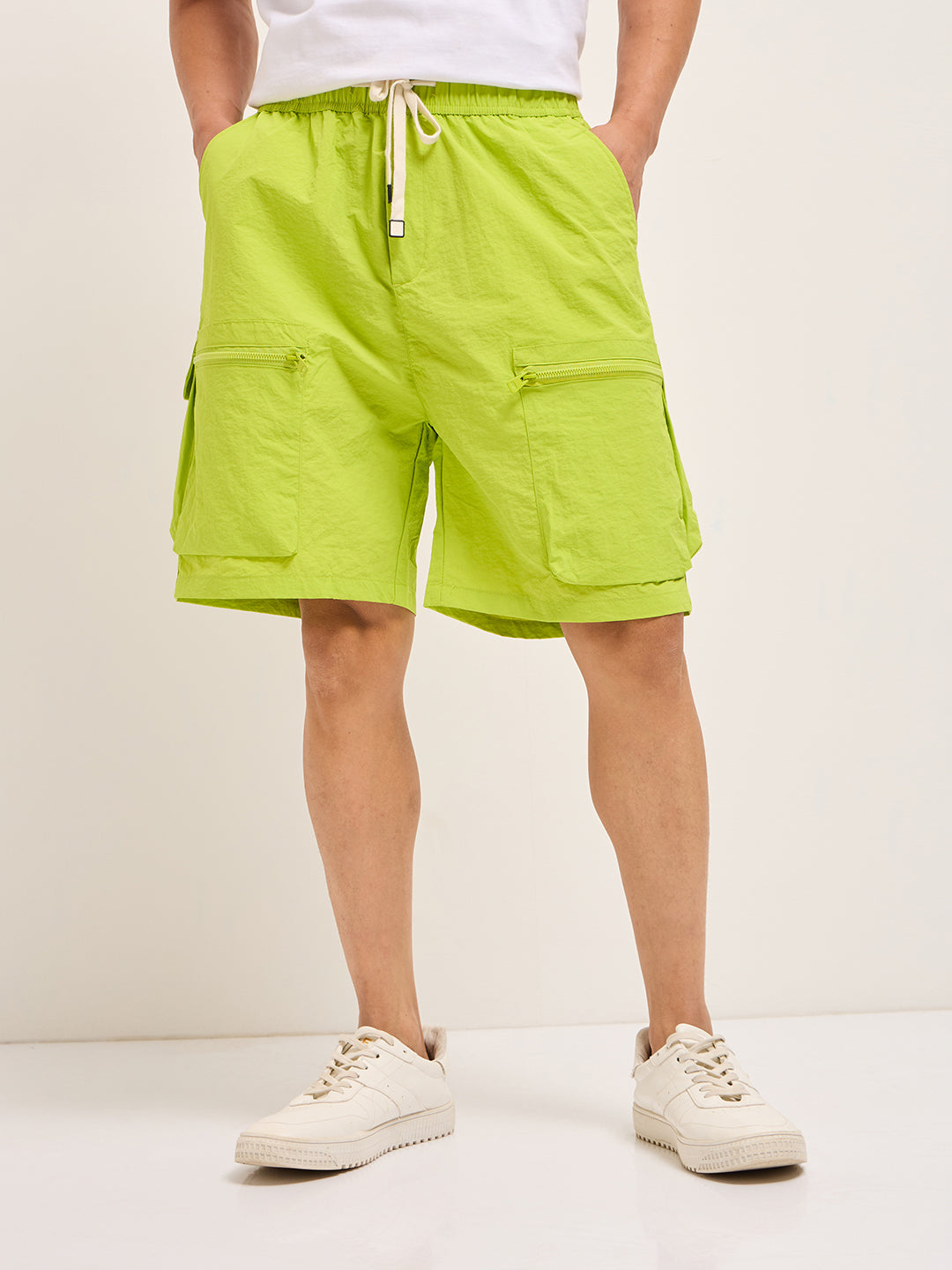 Men Lime Green Polyester Regular Fit Knee-Length Cargo Shorts