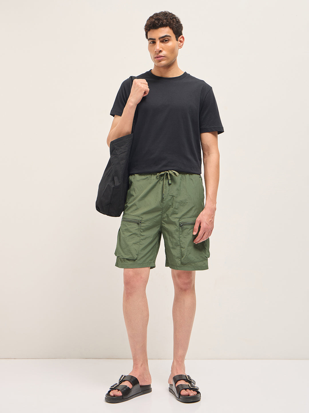 Men Olive Polyester Regular Fit Knee-Length Cargo Shorts