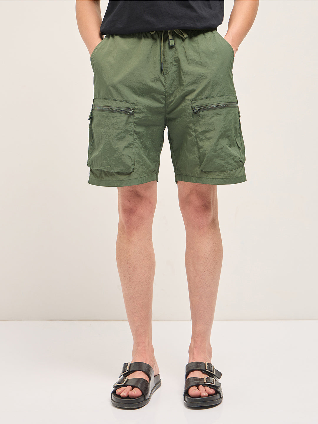 Men Olive Polyester Regular Fit Knee-Length Cargo Shorts