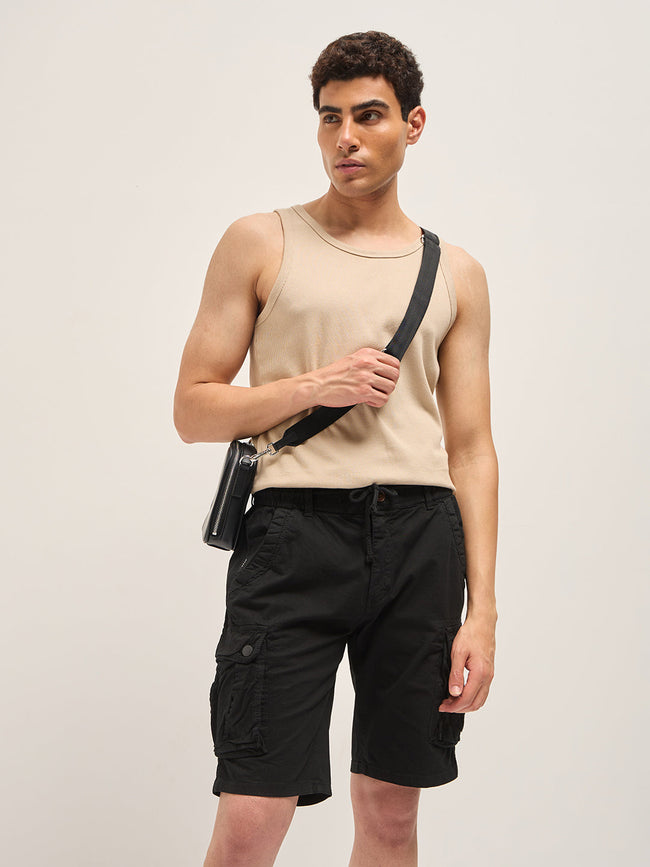 Men Black Solid Cotton Cargo Shorts