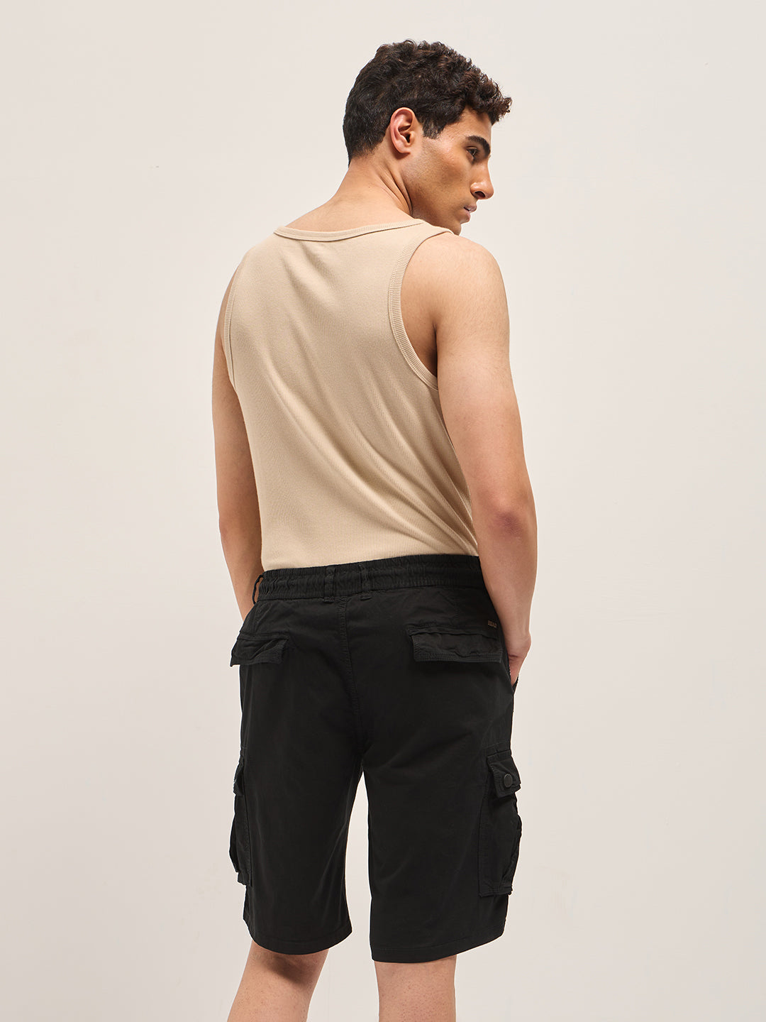 Men Black Solid Cotton Cargo Shorts