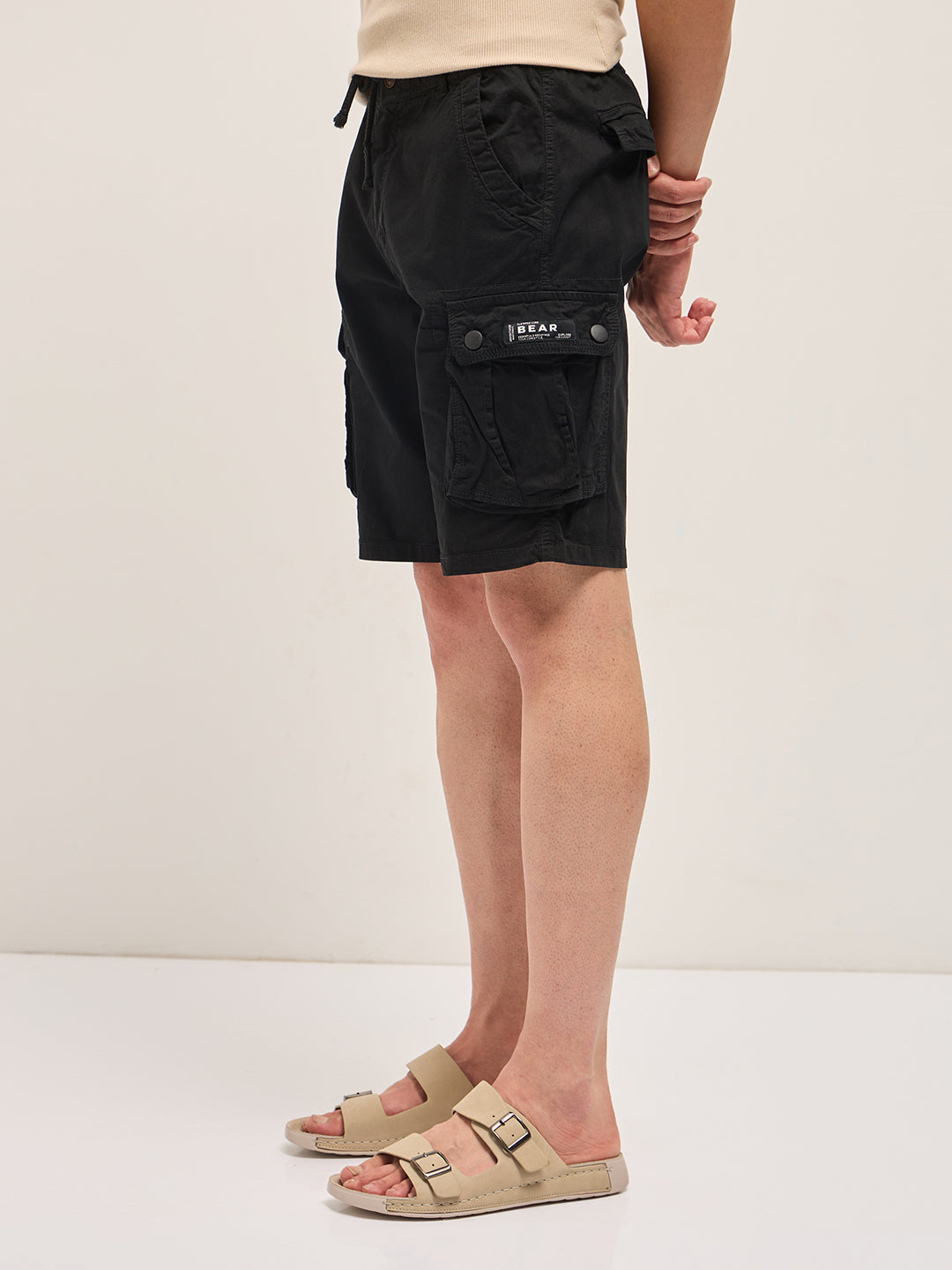 Men Black Solid Cotton Cargo Shorts