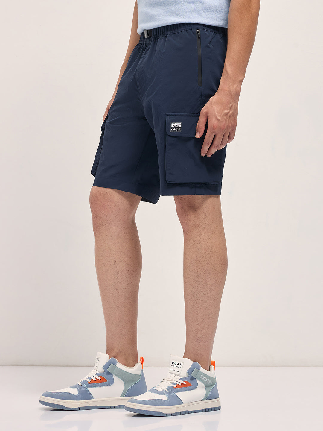 Men Navy Blue Solid Nylon Cargo Shorts