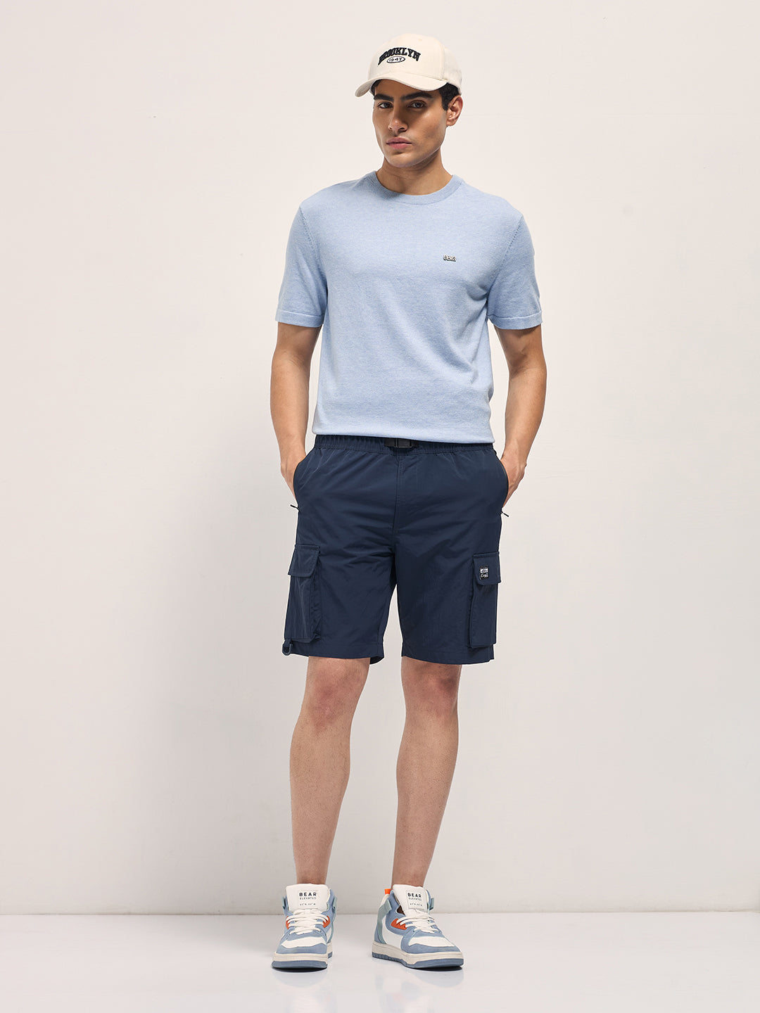 Men Navy Blue Solid Nylon Cargo Shorts