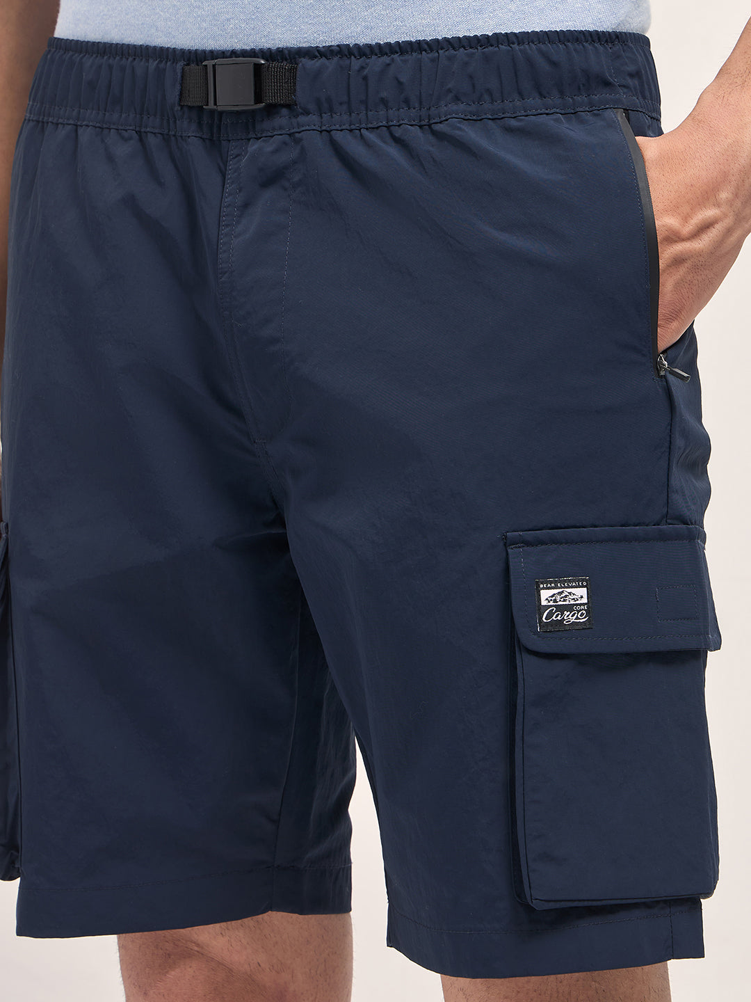 Men Navy Blue Solid Nylon Cargo Shorts