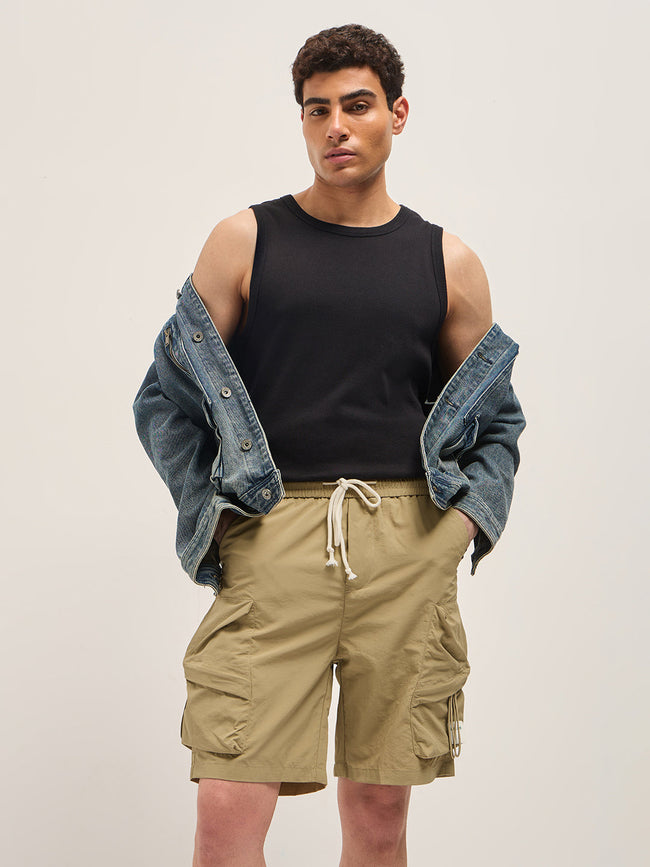 Men Beige Polyester Regular Fit Knee-Length Cargo Shorts