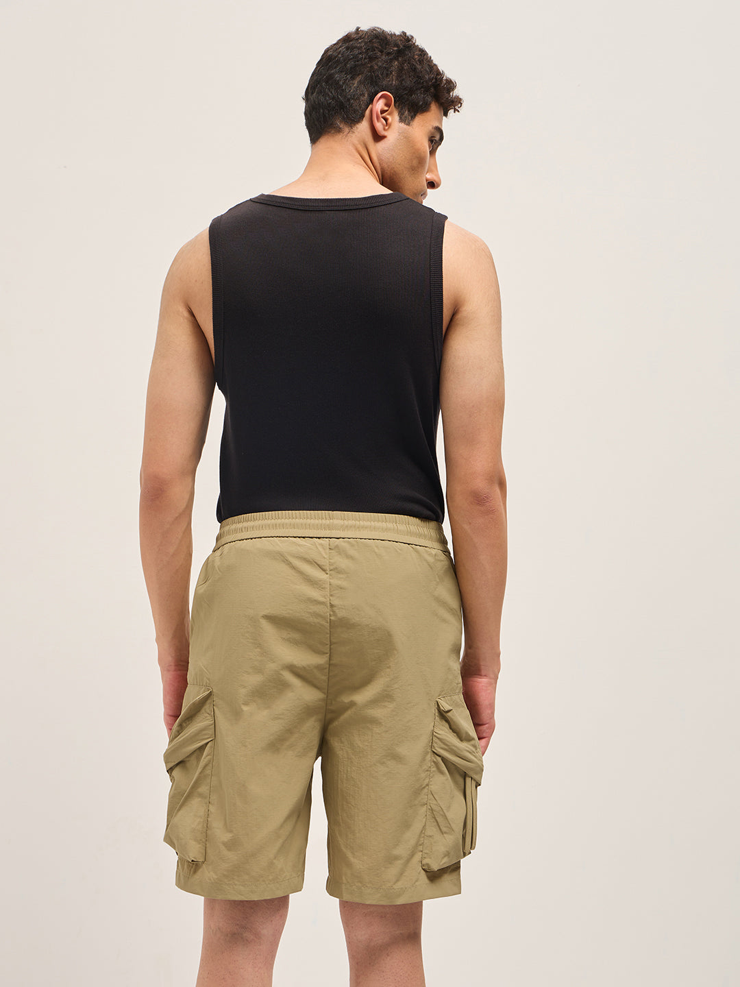 Men Beige Polyester Regular Fit Knee-Length Cargo Shorts