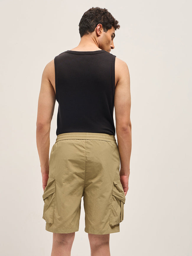 Men Beige Polyester Regular Fit Knee-Length Cargo Shorts