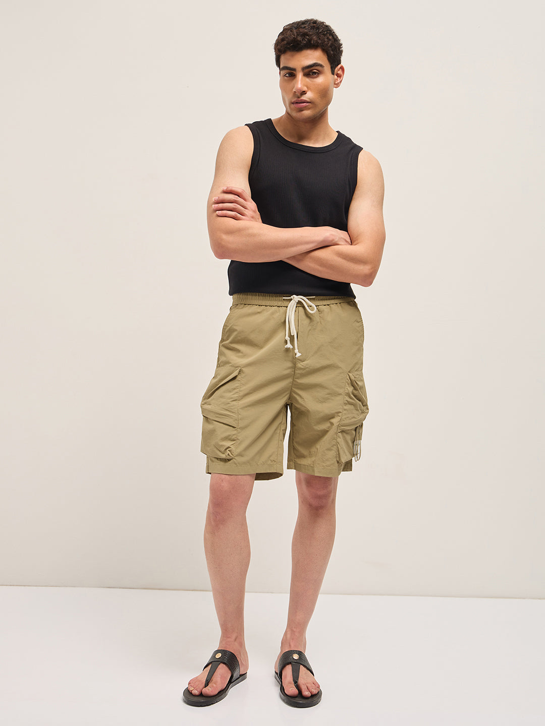 Men Beige Polyester Regular Fit Knee-Length Cargo Shorts
